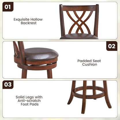 COSTWAY Bar Stools Set of 2, 360° Swivel Chairs with Rubber Wood Frame, 26 Inches PU Leather Cushioned Seat and Footrests, for Kitchen Island, Dining Room, Bar (Brown-26 inches, 2 stools)