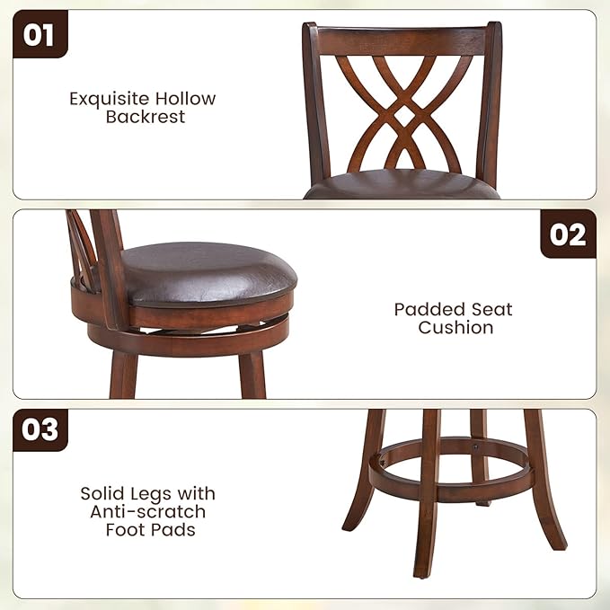 COSTWAY Bar Stools Set of 4, 360° Swivel Chairs with Rubber Wood Frame, 26 in PU Leather Cushioned Seat and Footrests, for Kitchen Island, Dining Room, Bar (Brown-26 inches, 4 stools)