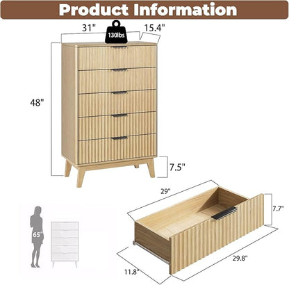 Modern Fluted 5 Drawer Tall Dresser, 48" H, Natural Oak, Curved Profile Design, Mid Century Wood Chest of Drawers for Bedroom, Living Room, Hallway