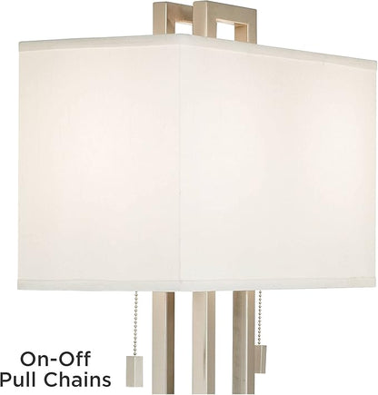 Possini Euro Design Gossard 30" Tall Rectangle Large Modern End Table Lamps Set of 2 Pull Chain Silver Brushed Nickel Finish Metal White Shade Living Room Bedroom Bedside Nightstand House Office