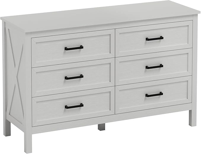 LYNSOM Farmhouse 6 Drawers Dresser for Bedroom, Wood Rustic Wide Chest of Drawers with Deep Drawers, Metal Handle, Storage Dressers Organizer for Hallway