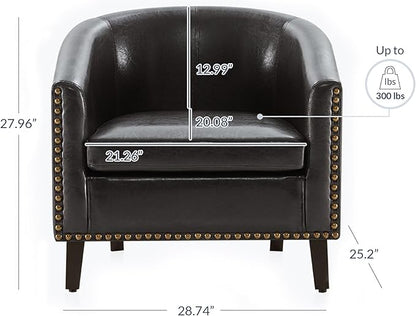 BELLEZE Accent Barrel Chair, Set of 2 Modern Faux Leather Tub Club Chair Upholstered Armchair with Gold Nail Head Trim and Black Legs for Living Room Bedroom Apartment Lounge - Dark Brown