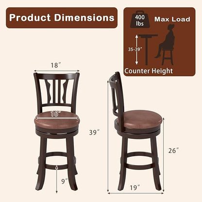 COSTWAY 26" Counter Height Stools Set of 2, Swivel High-Top Chairs with Backrest & Faux Leather Padded Seat, Rubber Wood Counter Barstools with Footrest for Kitchen, Dining Room, Pub (2,26'')