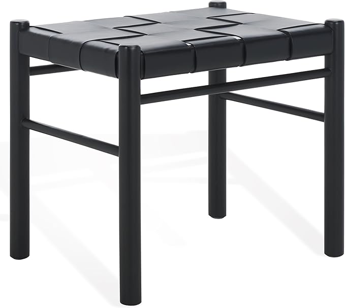 SAFAVIEH Couture Collection Devnie Black Woven Leather & Black Solid Wood Ottoman (Fully Assembled)