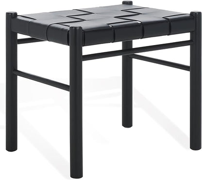 SAFAVIEH Couture Collection Devnie Black Woven Leather & Black Solid Wood Ottoman (Fully Assembled)