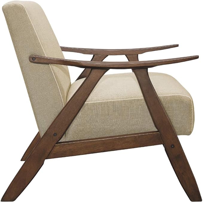 Lexicon Mid Century Modern Accent Chair with Solid Wood Frame in Walnut Finish, Upholstered Living Room Lounge Arm Chair, Thick and Comfy Innerspring Seat Cushion, Linen-Look Fabric, Light Brown