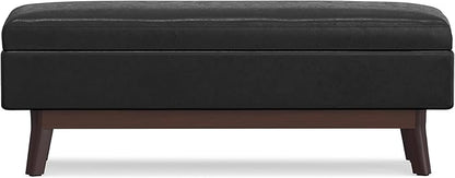 SIMPLIHOME Owen 48 inch Wide Mid Century Modern Rectangle Rectangular Storage Ottoman in Distressed Black Vegan Faux Leather, Assembled, for the Living Room, Entryway and Family Room