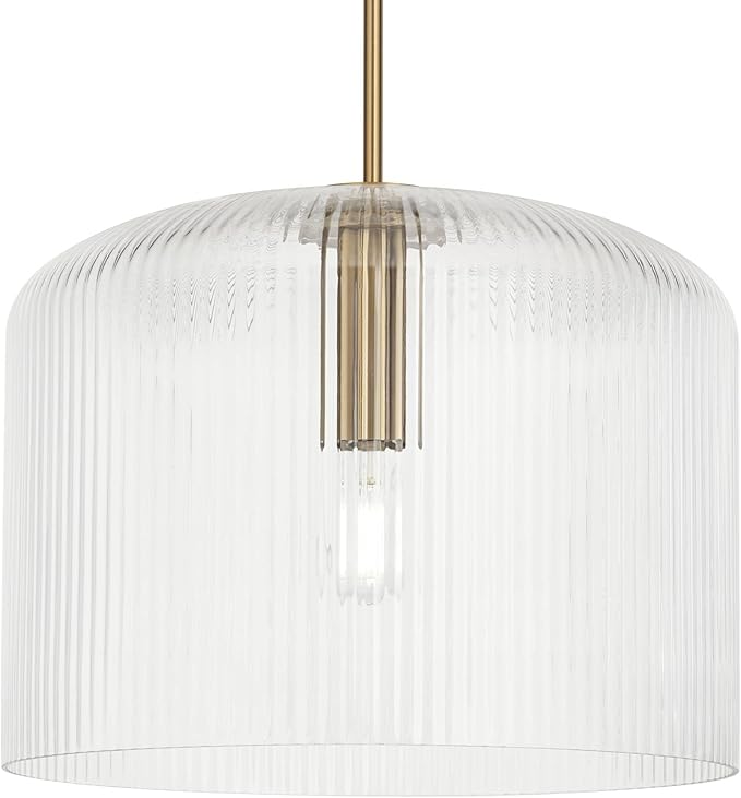 Possini Euro Design Lallie 18" Modern Art Deco Pendant Ceiling Light Fixture Dining Room Over Table Kitchen Island Foyer Drum Hanging Warm Brass Finish Ribbed Glass Hallway Entryway Living Room