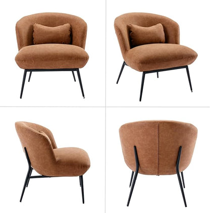 HEAH-YO Modern Accent Chair Set of 1, Living Room Chair with Barrel Backrest, Upholstered PU Faux Leather Armless Side Chair with Metal Legs for Bedroom, Brown