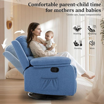 Recliner Chair, 360 Swivel Rocker Chair for Adults, Small Rocking Recliner Chair for Small Spaces, Upholstered Fabric Glider Recliner Nursery Chair with Side Pockets for Living Room, Nursery