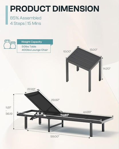Pool Lounge Chairs Set of 3 (2 Loungers + 1 Side Table)，Outdoor Lounge Chairs with Wheels and 5-Position Recliner, Aluminum Patio Lounge Chair for Poolside, Deck (Black)