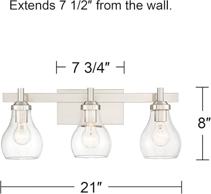 Possini Euro Design Danvers Modern Wall Mount Light Brushed Nickel Silver Hardwired 21" Wide 3-Light Fixture Clear Glass Globe Shade for Bathroom Vanity Mirror House Home Room Decor