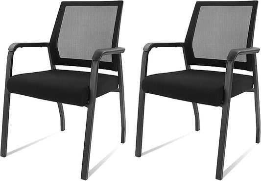 Ergonomic Mesh Guest Chair – No Wheels, Lumbar Support Design, Thick Cushion & Padded Arms – for Office Reception, School, Church Waiting Rooms, Lobby – Black 2PK