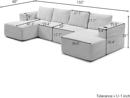 132 Inch Modular Sectional Sleeper Sofa, Boneless Cloud Couch for Living Room, U Shaped 5 Seat Sofa with 2 Cup Holders, Free Combination, No Assembly Required (Beige)