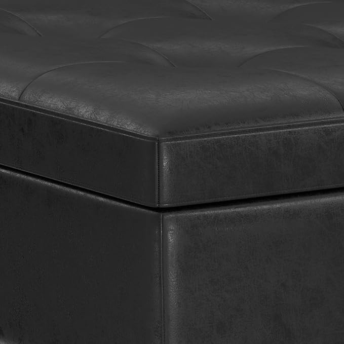 SIMPLIHOME Shay 38 inch Wide Mid Century Modern Large Square Coffee Table Storage Ottoman in Distressed Black Vegan Faux Leather, Assembled, for The Living Room and Entryway