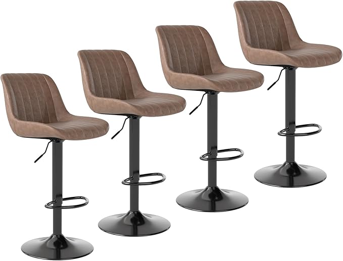 Youhauchair Bar Stools Set of 4, Swivel Counter Height Barstools with Back, Adjustable PU Leather Bar Chairs, Modern Armless Kitchen Island Stool, Light Brown