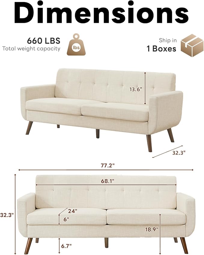 Tbfit 77" W Loveseat Sofa, Mid Century Modern Love Seat Couches for Living Room, Button Tufted Upholstered Small Sofa Couch for Bedroom, Beige
