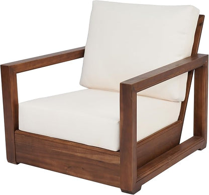 Christopher Knight Home Olaf 4 Pieces Outdoor Conversation Set, Acacia Wood Chat Set, Rectangular Coffee Table and Patio Loveseat with 2 Club Chairs, Patio Furniture Set with Cushion, Beige+Mocha