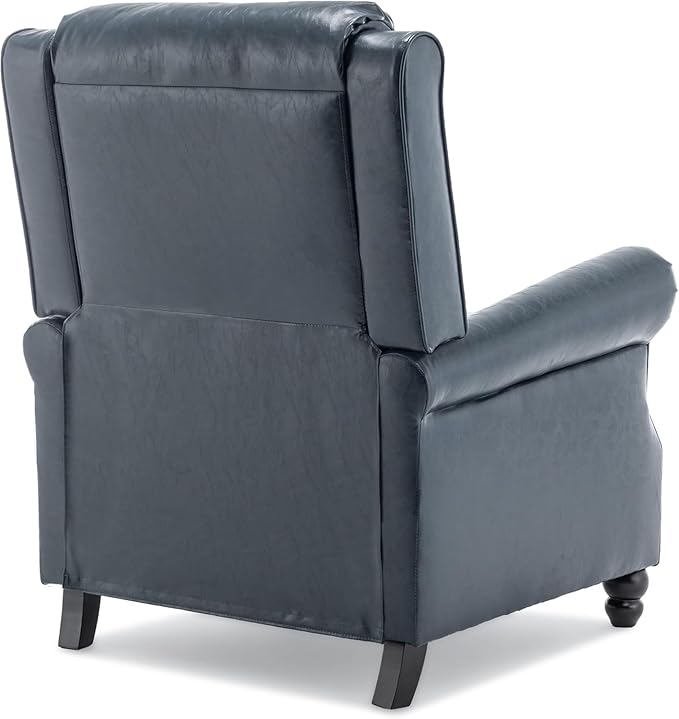 Pushback Recliner Chair, Faux Leather Wingback Recliner Chair, Upholstered Armchair Push Back Recliner with Wood Legs, Rivet Trim Single Sofa Accent Chair for Living Room, Bedroom, Navy