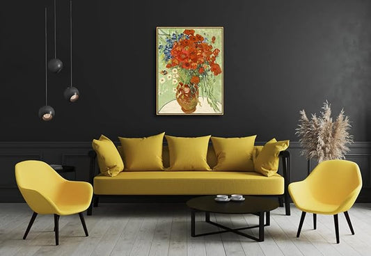 Wieco Art Large Framed Wall Art of Red Poppies and Daisies by Van Gogh Paintings Reproduction Abstract Canvas Prints for Home Living Room Decorations Bronze Gold Frame