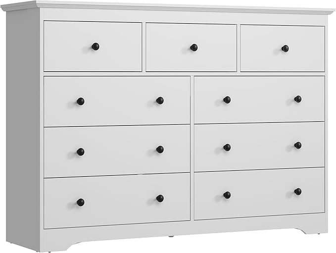 55 Inch Wide White Dresser for Bedroom, 9 Drawer Dresser with Large Drawers, Wood Chest for Living Room, Hallway