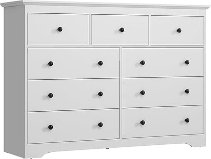 55 Inch Wide White Dresser for Bedroom, 9 Drawer Dresser with Large Drawers, Wood Chest for Living Room, Hallway