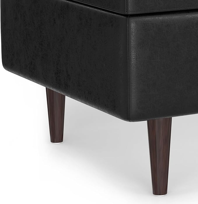SIMPLIHOME Shay 34 inch Wide Mid Century Modern Small Rectangle Coffee Table Storage Ottoman in Distressed Black Vegan Faux Leather, Assembled, for The Living Room, Entryway and Family Room