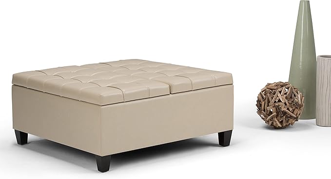 SIMPLIHOME Harrison Coffee Table Storage Ottoman - 36 inch Wide Upholstered Vegan Leather Square Lift-Top Ottoman in Satin Cream, Transitional Ottoman for Living Room with Hidden Storage