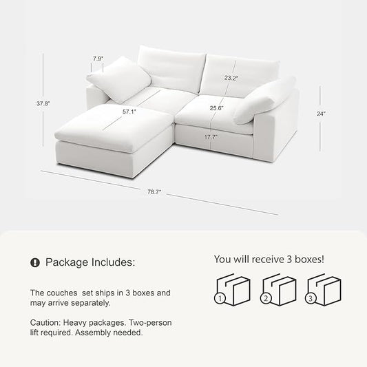 Modular Cloud Sofa, 78.7" Cloud Sectional Couches with Deep Seat，Oversized Loveseat Sofa with Ottoman for Living Room, Modern Comfy Couch with Washable Cover, Wide Armrest (White,1 Ottoman)