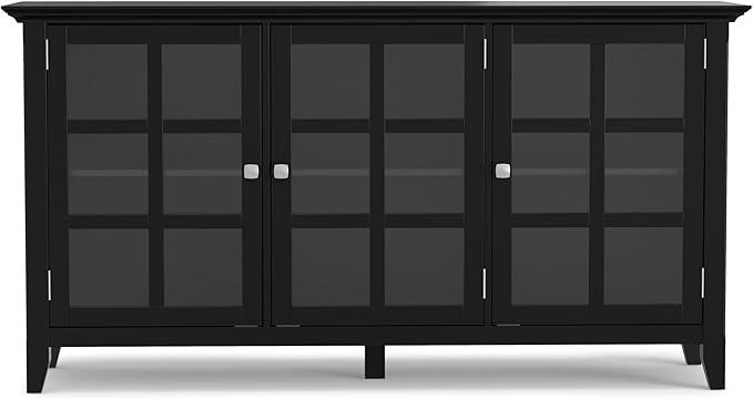 SIMPLIHOME Acadian SOLID WOOD 62 inch Wide Transitional Wide Storage Cabinet in Black, with 3 Tempered Glass Doors, 3 Adjustable Shelves