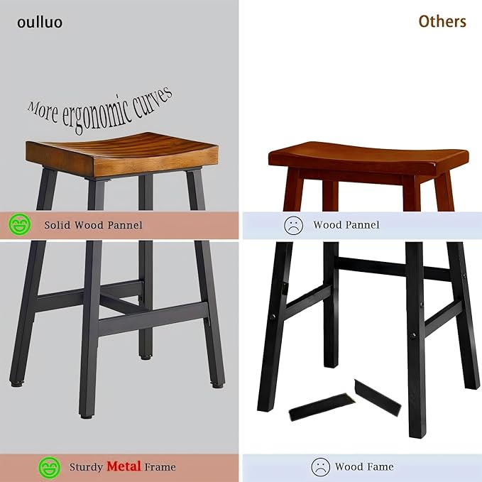 OUllUO Bar Stools Set of 3, Backless Saddle Barstools, 25" Counter Height Bar Stools, Solid Wood Counter Stools with Metal Frame, 521P-BBWD3