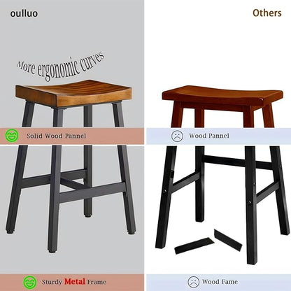 OUllUO Bar Stools Set of 3, Backless Saddle Barstools, 25" Counter Height Bar Stools, Solid Wood Counter Stools with Metal Frame, 521P-BBWD3