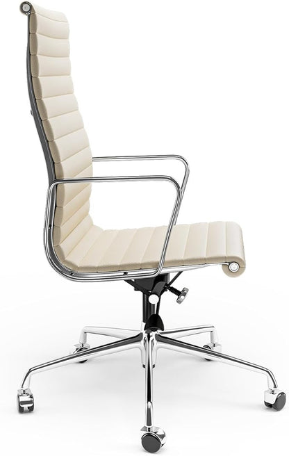 High Back Genuine Leather Ribbed Office Chair-Ergonomic Desk Chair with Aluminum Alloy Armrest & Frame, Swivel Silent Wheels & Tilt Function, Adjustable Height