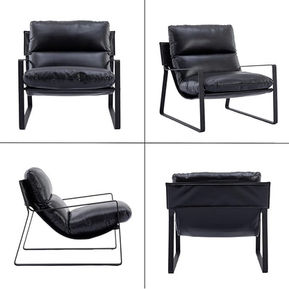 HEAH-YO Modern Accent Chair Set of 1, PU Faux Leather Living Room Chair with Removable Cushion and Solid Metal Frame, Comfy Reading Chair for Bedroom, Black