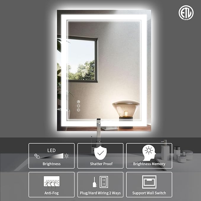 24x32 Inch LED Bathroom Mirror with Lights, Front Light and Backlit Anti-Fog Dimmable Memory Lighted Vanity Mirror, Shatterproof Wall-Mounted Led Mirror for Bathroom