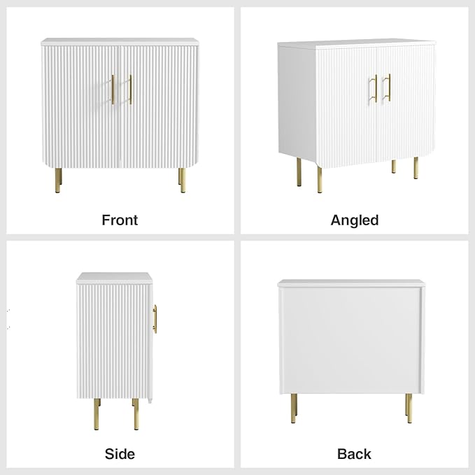Modern Fluted White Storage Cabinet with 2 Doors, Adjustable Shelves, and Metal Legs, Accent Buffet Sideboard for Living Room, Dining Room, Entryway (White & Gold)