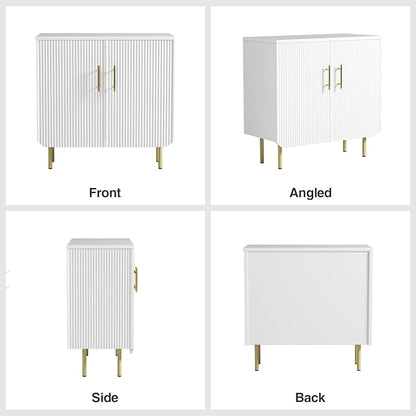 Set of 2 Fluted White Storage Cabinets, Modern 2-Door Sideboard Buffet Cabinet with Adjustable Shelves and Metal Legs, Accent Cabinet for Kitchen, Living Room, Entryway (White & Gold)