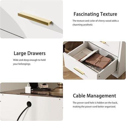 LIDYUK White Dresser for Bedroom, 3 Drawer Dressers & Chest of Drawers, Modern Wood Dresser with Charging Station, End Table Nightstand Bedside Table for Bedroom, Living Room