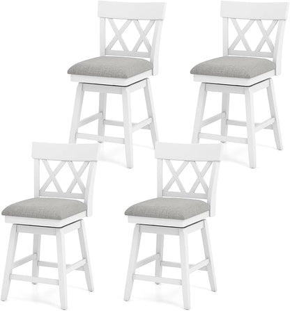 COSTWAY Bar Stool Set of 4 for Kitchen Island, 26" Counter Height Chair with Ergonomic Backrest, Foot Rest, Padded Seat & Solid Wood Structure, 360°Swivel Farmhouse Barstool with Back