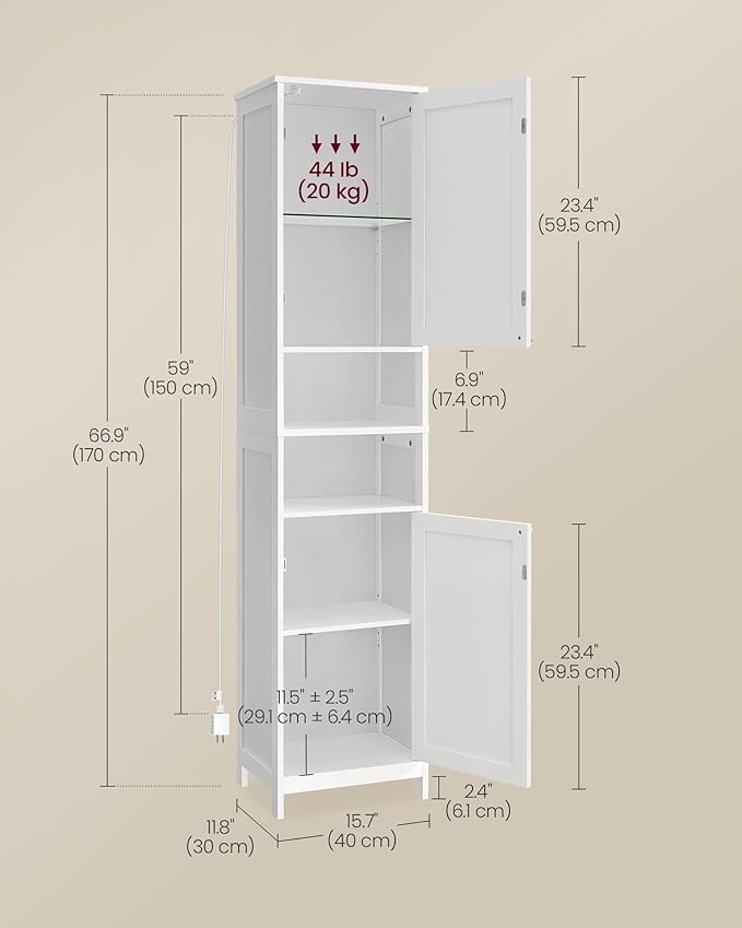 VASAGLE Tall Storage Cabinet with Lights, Slim Freestanding Cabinet with Adjustable Shelves, for Small Spaces, Bathroom, Living Room, Modern, 15.7 Inches Wide, Cloud White UBBC766W02