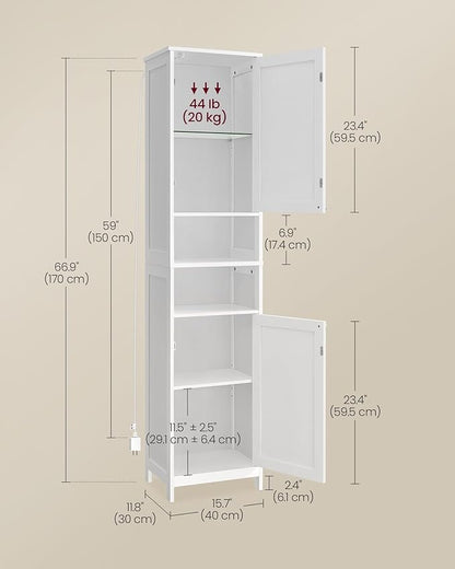 VASAGLE Tall Storage Cabinet with Lights, Slim Freestanding Cabinet with Adjustable Shelves, for Small Spaces, Bathroom, Living Room, Modern, 15.7 Inches Wide, Cloud White UBBC766W02