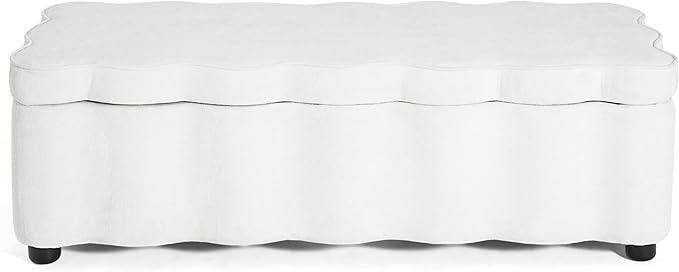 Christopher Knight Home Pean Living Room Ottoman with Storage, Fabric Upholstered Storage Ottoman Bench, Sofa Foot Stool with Wood Frame, Bedroom End of Bed Bench, Chic Scalloped Design, White