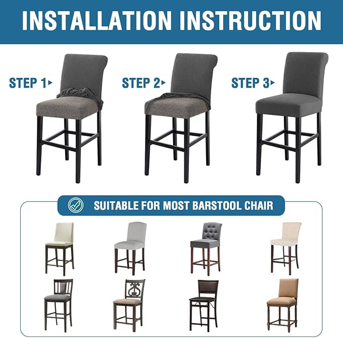 H.VERSAILTEX 100% Waterproof Bar Stool Covers Stretch Washable High Chair Cover for Dining Room Chair Removable Counter Stool Pub Chair Slipcover Seat Covers Jacquard Crizzle Pattern Set of 2, Grey