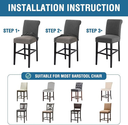 H.VERSAILTEX 100% Waterproof Bar Stool Covers Stretch Washable High Chair Cover for Dining Room Chair Removable Counter Stool Pub Chair Slipcover Seat Covers Jacquard Crizzle Pattern Set of 2, Grey