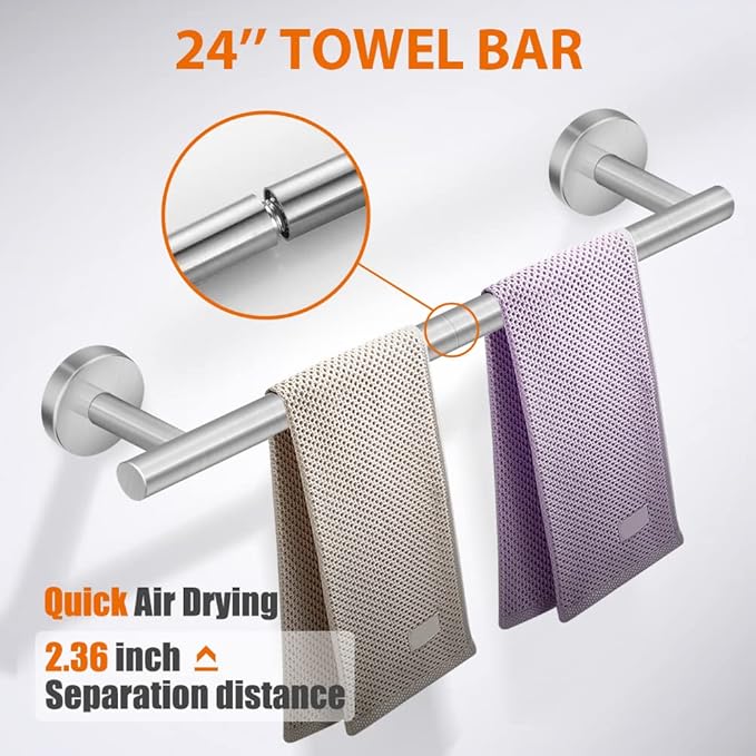 5-Pieces Bathroom Hardware Set Brushed Nickel SUS304 Stainless Steel Round Wall Mounted - Includes 24" Hand Towel Bar, Toilet Paper Holder, 3 Robe Towel Hooks, Bathroom Accessories Kit