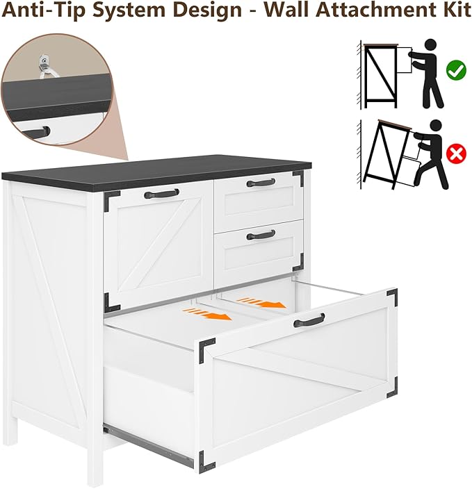 Lateral File Cabinet with 4 Drawers Farmhouse File Cabinet for Letter/Legal/A4 Size Hanging Files, Large Wood File Storage Cabinets Printer Stand for Home Office Cabinet, White and Black