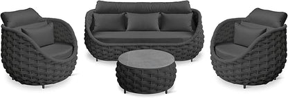 Woven Rope Patio Furniture Set: 4 Pieces Aluminum Outdoor Conversation Sofa Set Assembled - Modern Couch Set Cushioned - All Weather Metal Porch Seating for 5 Person Deck Garden Hotel, Dark Gray