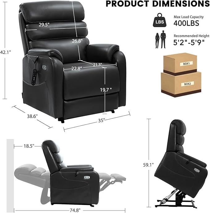 EONIX Dual Motor Lay Flat Power Lift Recliner Chair for Elderly, Faux Leather Electric Lift Chairs for Adults, 400lbs Heavy Duty Power Recliner with Heat Massage Charging Ports, SLRY003, Black