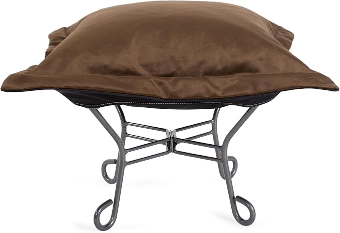 Howard Elliott Scroll Puff Ottoman Chair With Cover, Multipurpose Alternate Seating Footstool Footrest Chair with Titanium Frame, Patio Furniture for Camping, Home, Indoor & Outdoor, Bella Chocolate