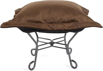 Howard Elliott Scroll Puff Ottoman Chair With Cover, Multipurpose Alternate Seating Footstool Footrest Chair with Titanium Frame, Patio Furniture for Camping, Home, Indoor & Outdoor, Bella Chocolate